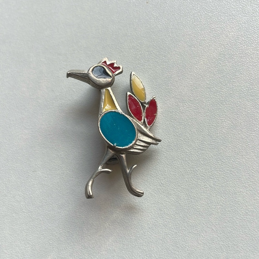 St. Labre signed vintage road runner brooch silver and colorful stones